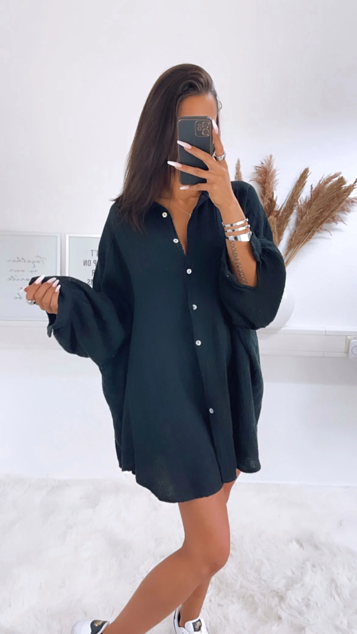 LANGE Oversize Musselin Bluse / schwarz Art. 0865 - Image 4