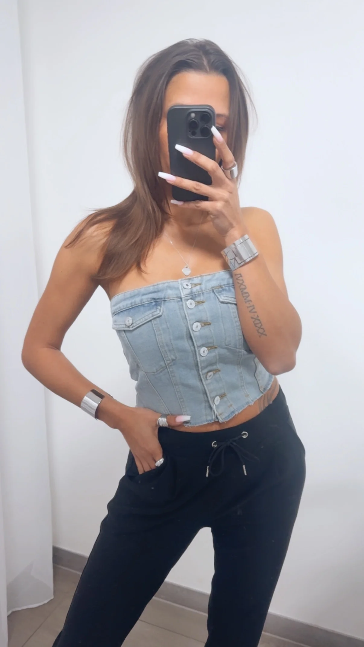elastisches Bandeau Top in Denim Optik / Denim Blau - sand verw. Art. 14120 - Image 3