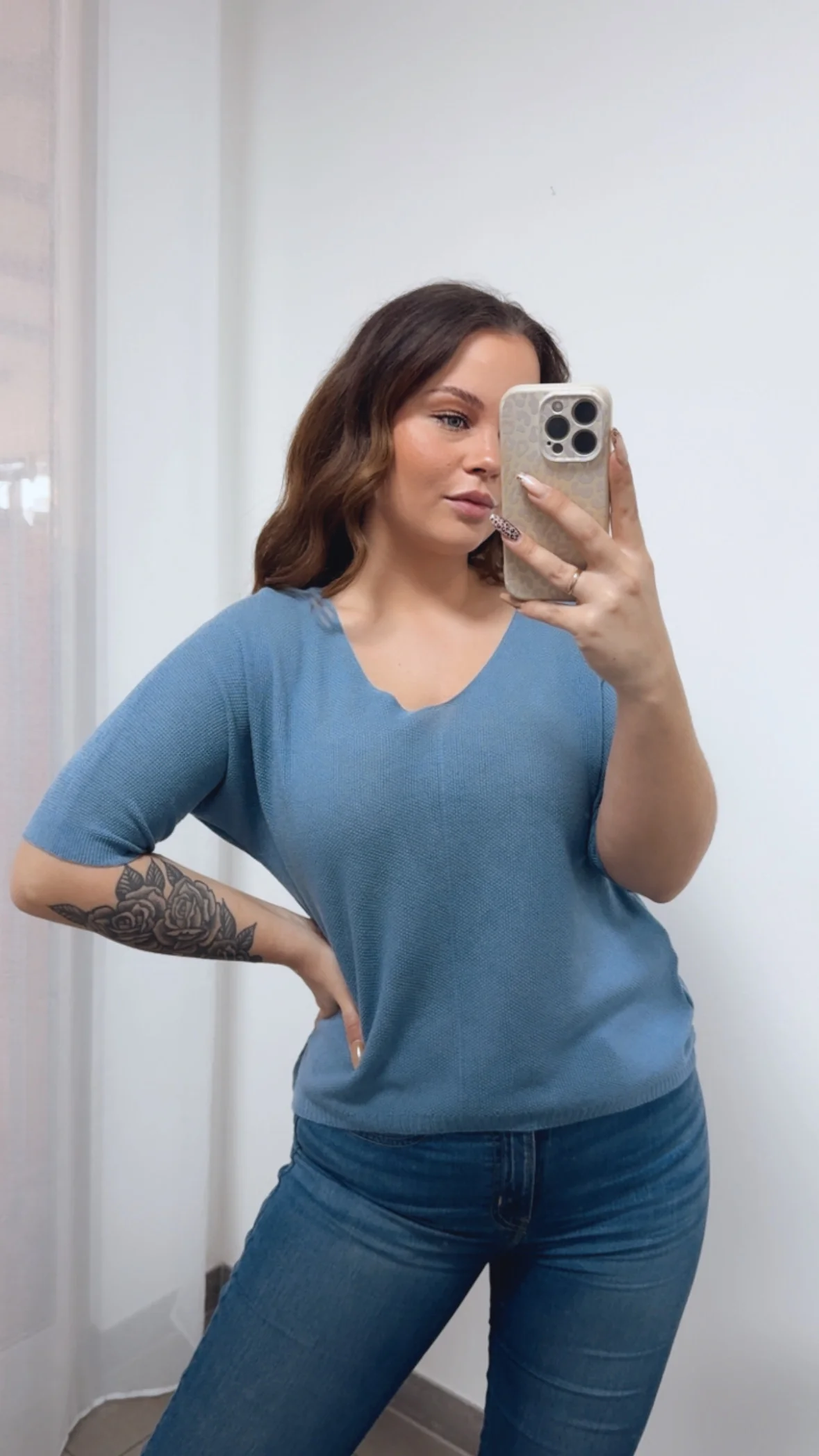feines Strick Oberteil mit kurzen Armen / denim blau Art. 14398 - Image 3