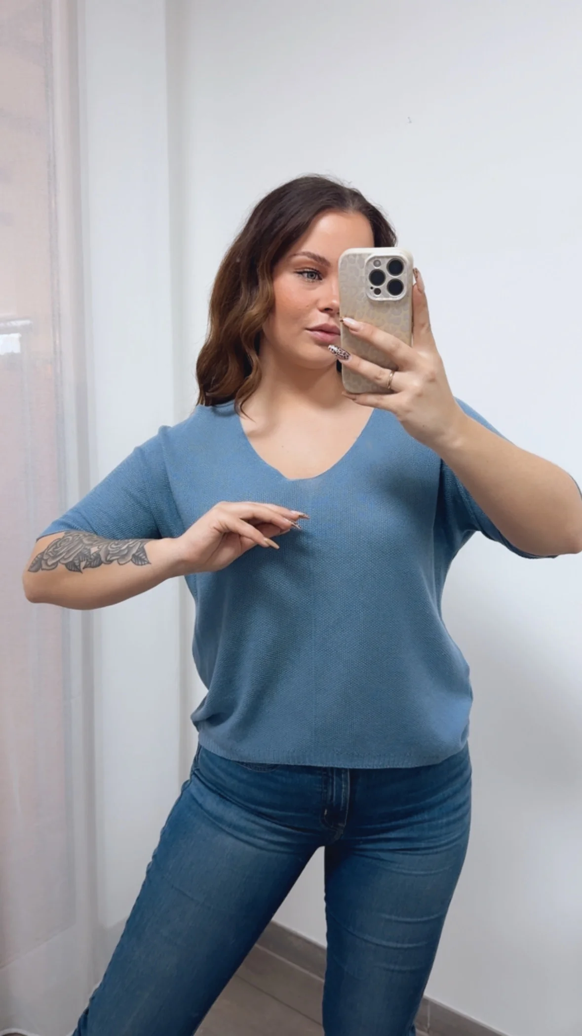 feines Strick Oberteil mit kurzen Armen / denim blau Art. 14398 - Image 4