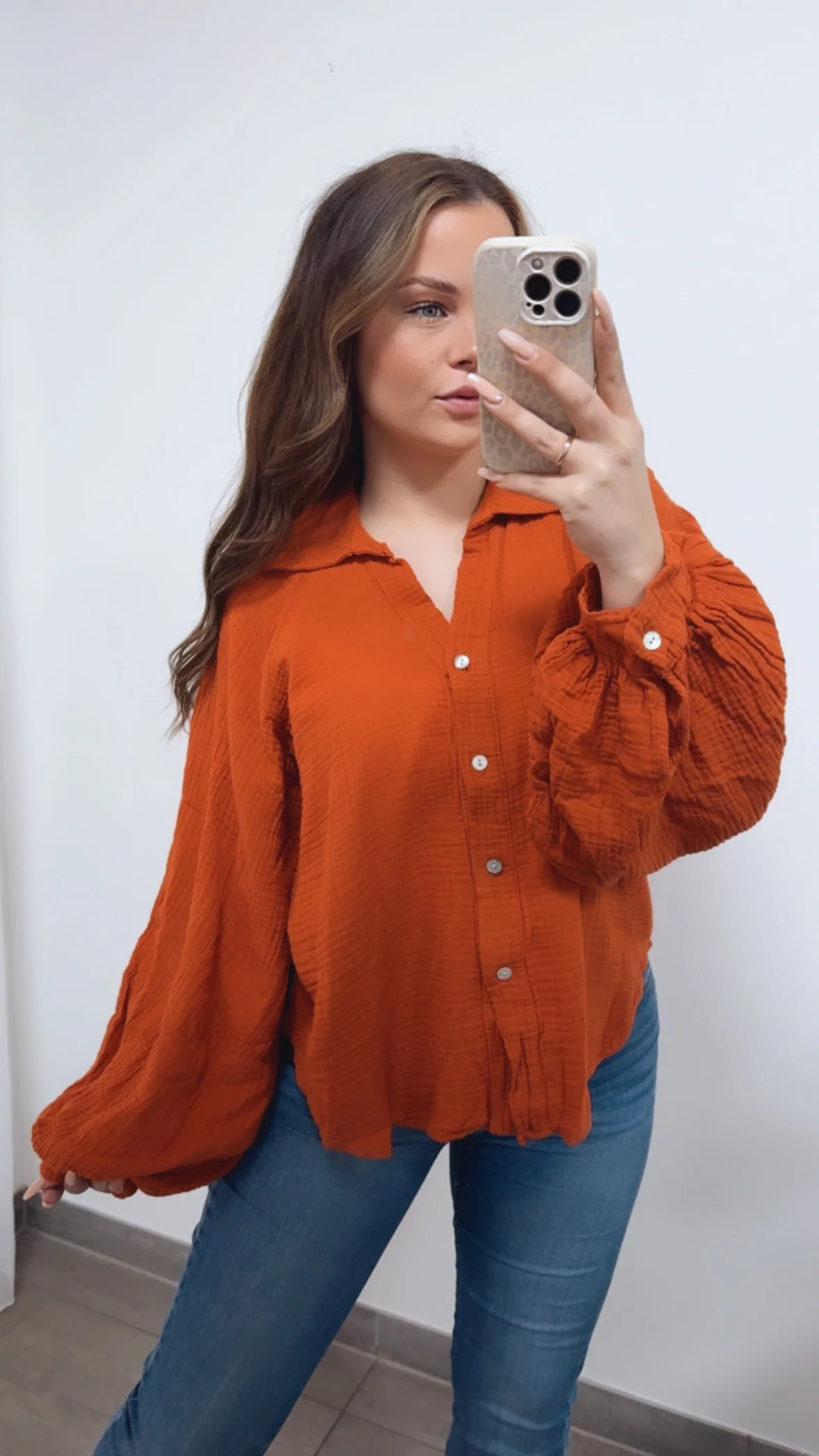 KURZE Oversize Musselin Bluse BALLONÄRMEL / orange Art. 14724 - Image 3