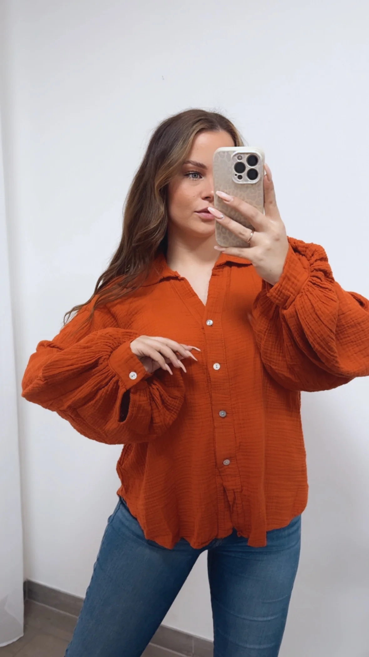 KURZE Oversize Musselin Bluse BALLONÄRMEL / orange Art. 14724 - Image 4