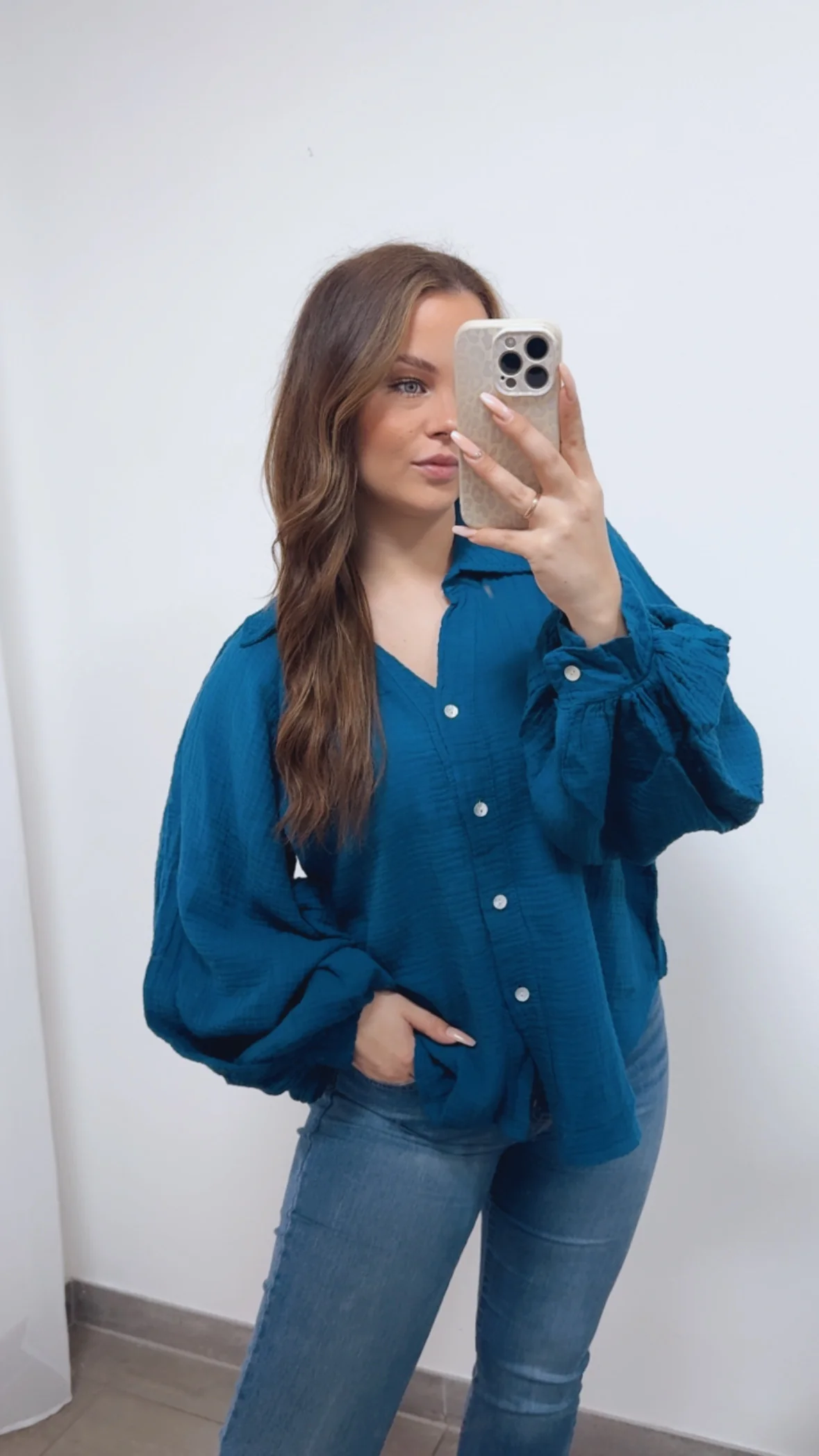 KURZE Oversize Musselin Bluse BALLONÄRMEL / petrol Art. 14719 - Image 2