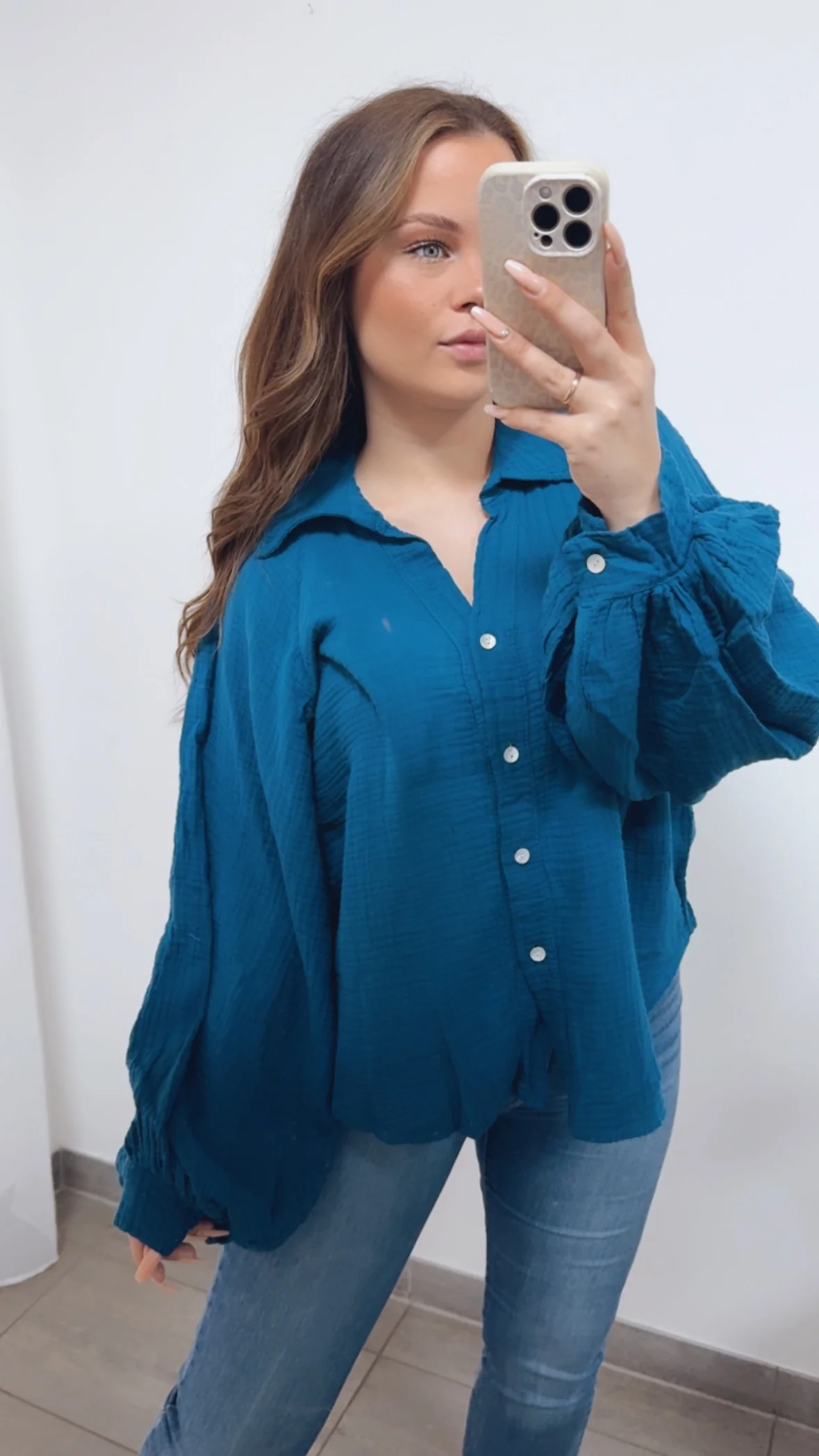 KURZE Oversize Musselin Bluse BALLONÄRMEL / petrol Art. 14719 - Image 3