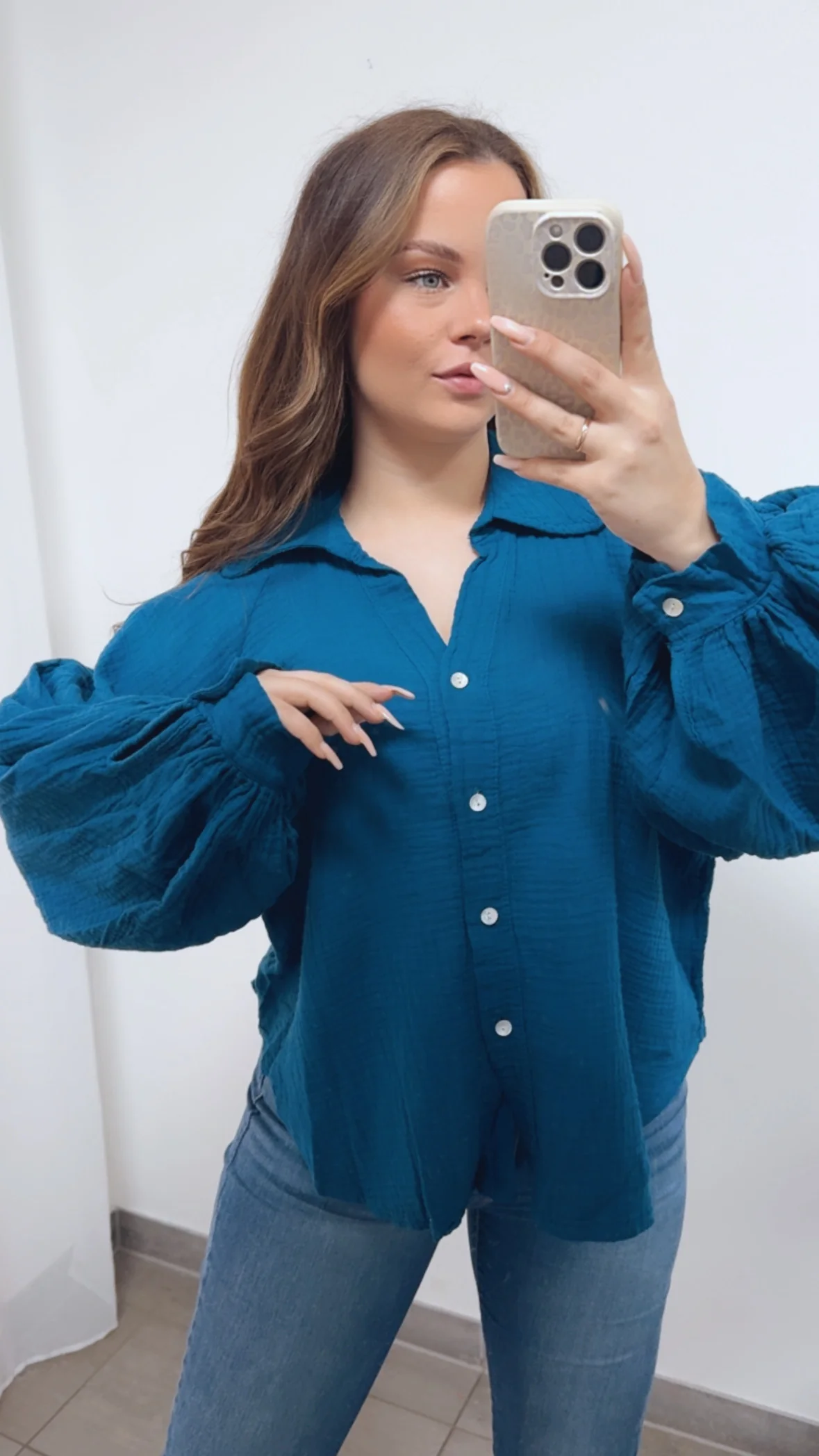 KURZE Oversize Musselin Bluse BALLONÄRMEL / petrol Art. 14719 - Image 4
