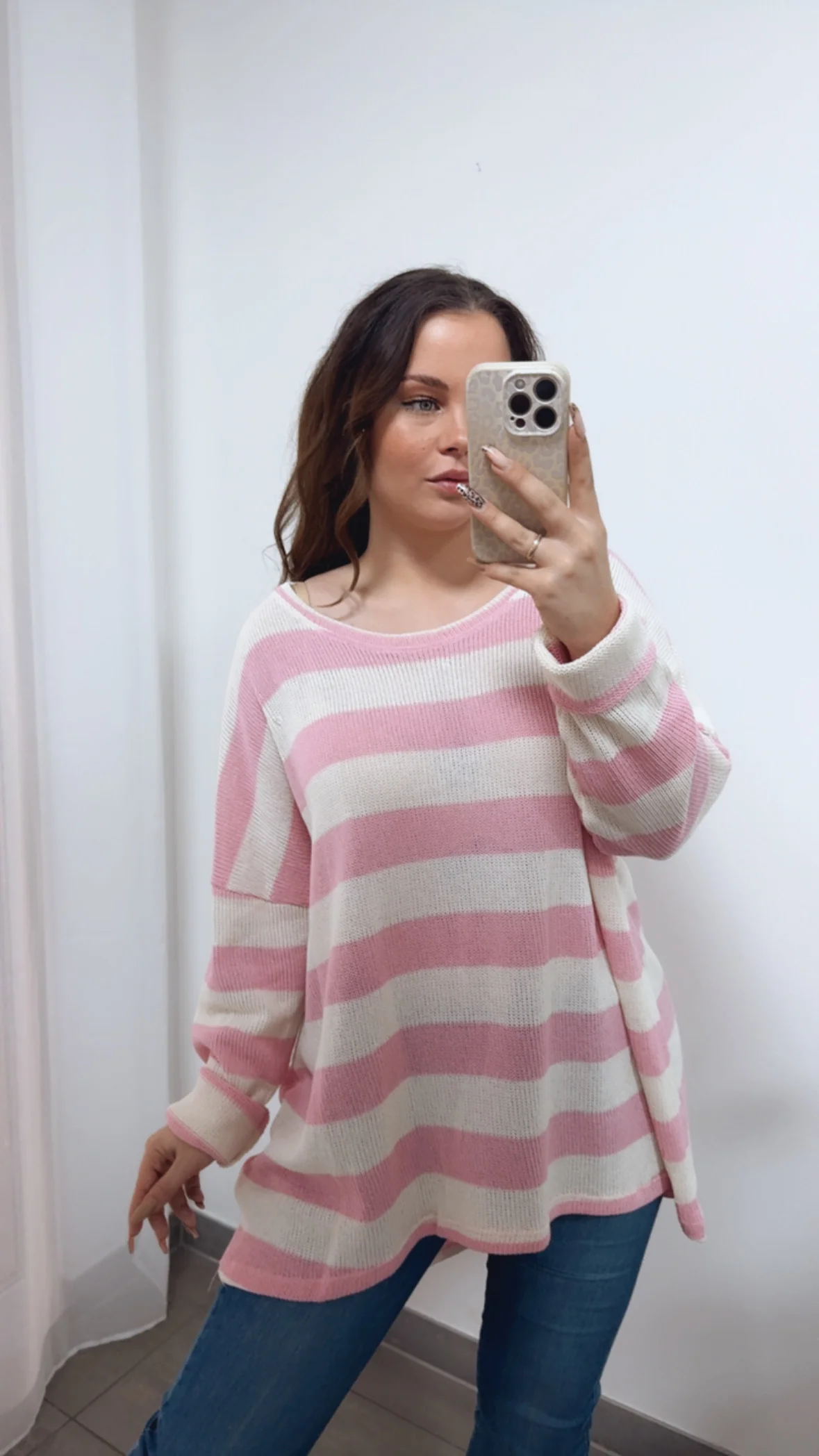Leichter Oversize Häkel Pullover / creme - altrosa Art. 14363 - Image 3