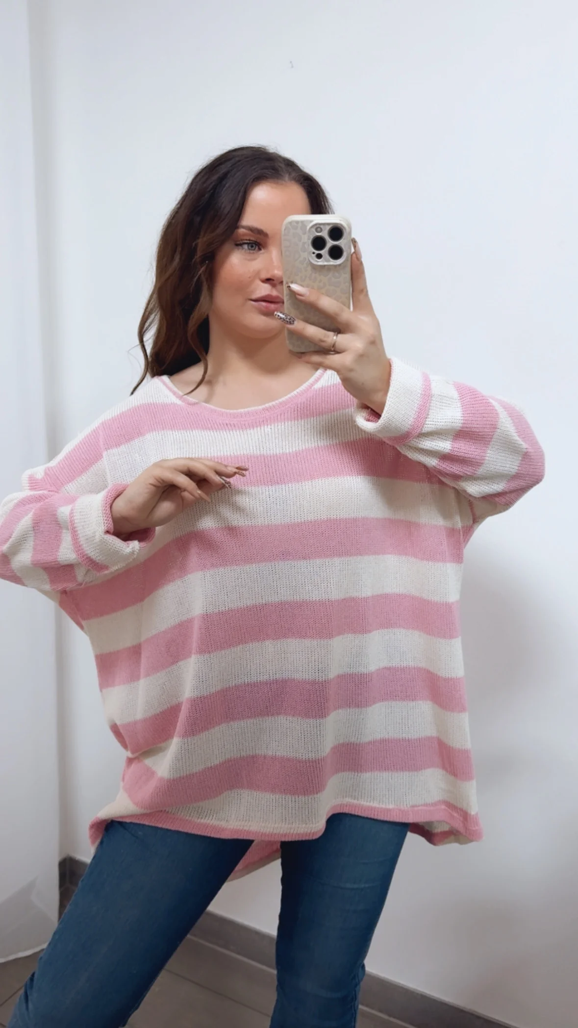 Leichter Oversize Häkel Pullover / creme - altrosa Art. 14363 - Image 4
