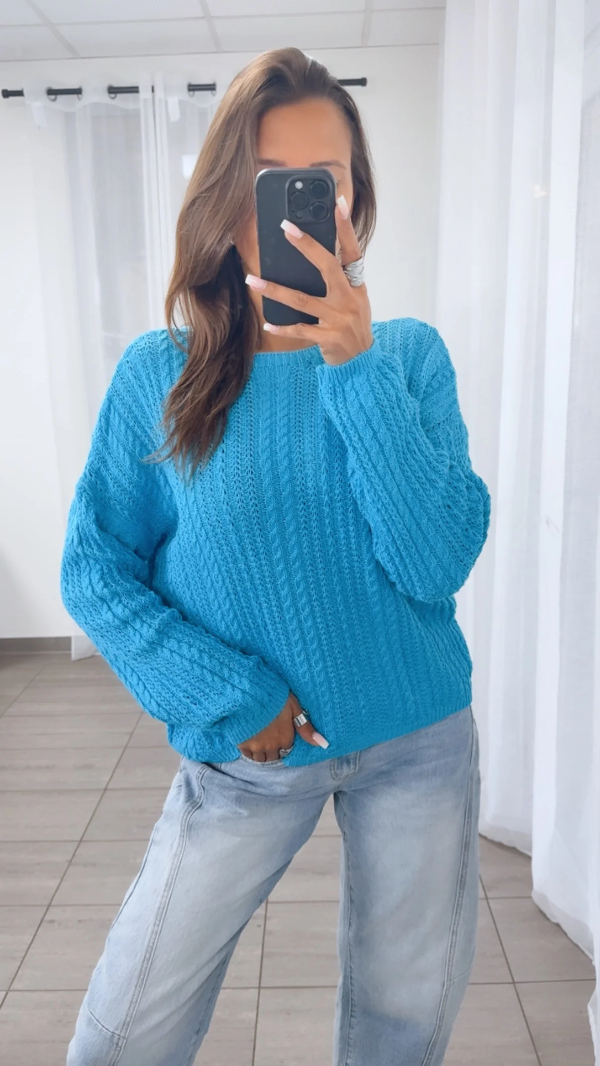 leichter Strick Pullover mit Zopfmuster / azur blau Art. 14903 - Image 2