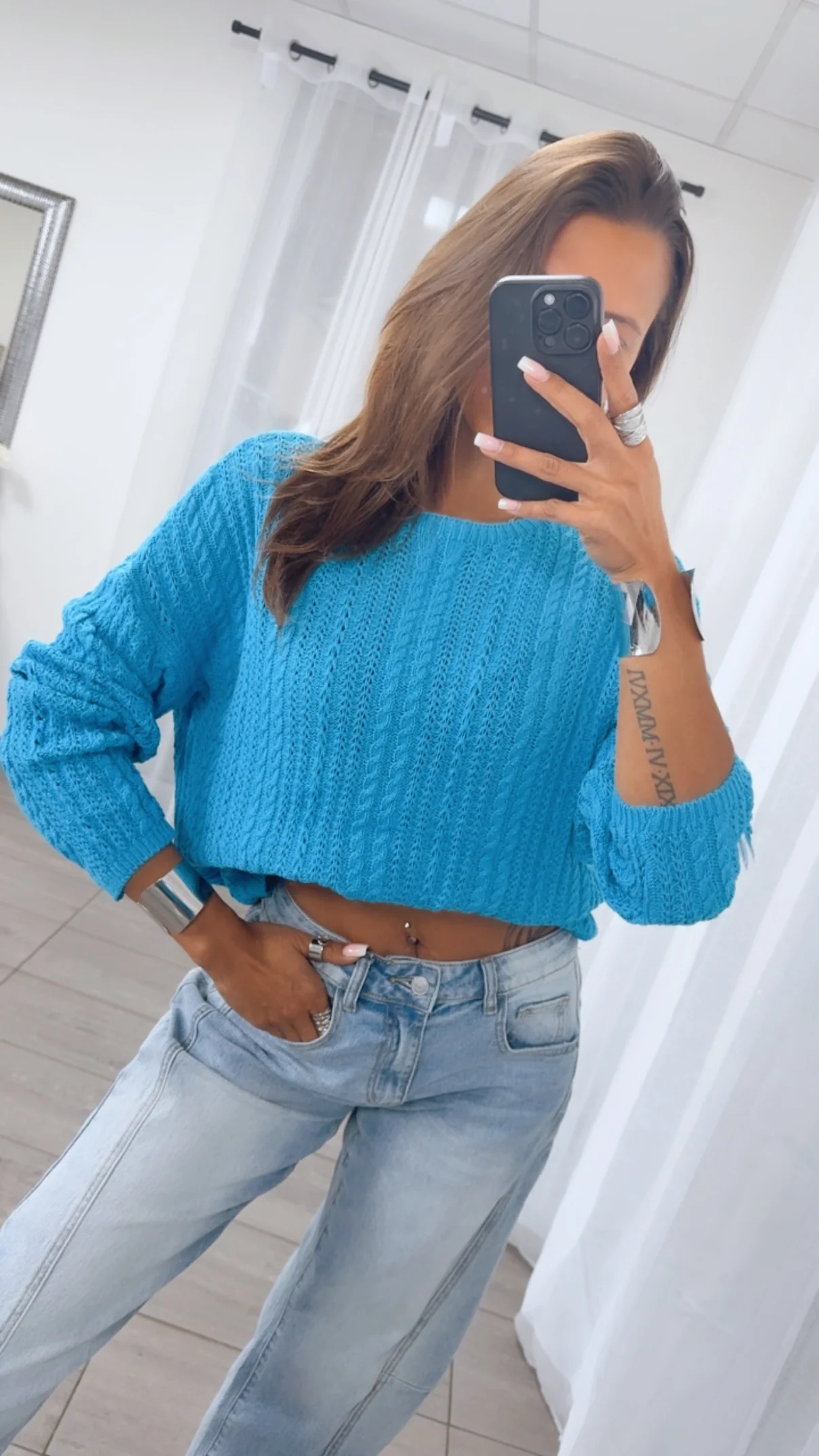 leichter Strick Pullover mit Zopfmuster / azur blau Art. 14903 - Image 3