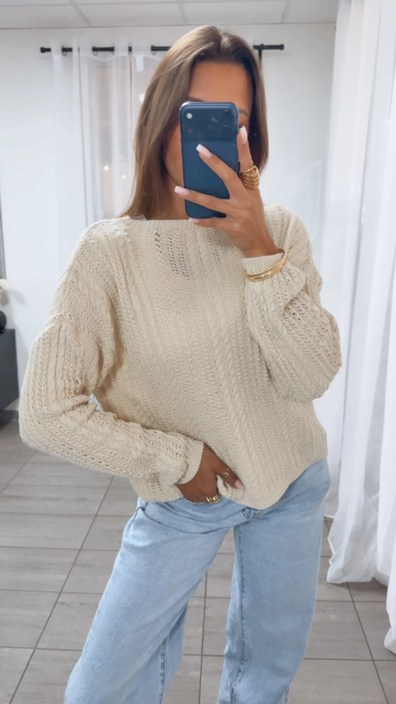 leichter Strick Pullover mit Zopfmuster / beige Art. 14941
