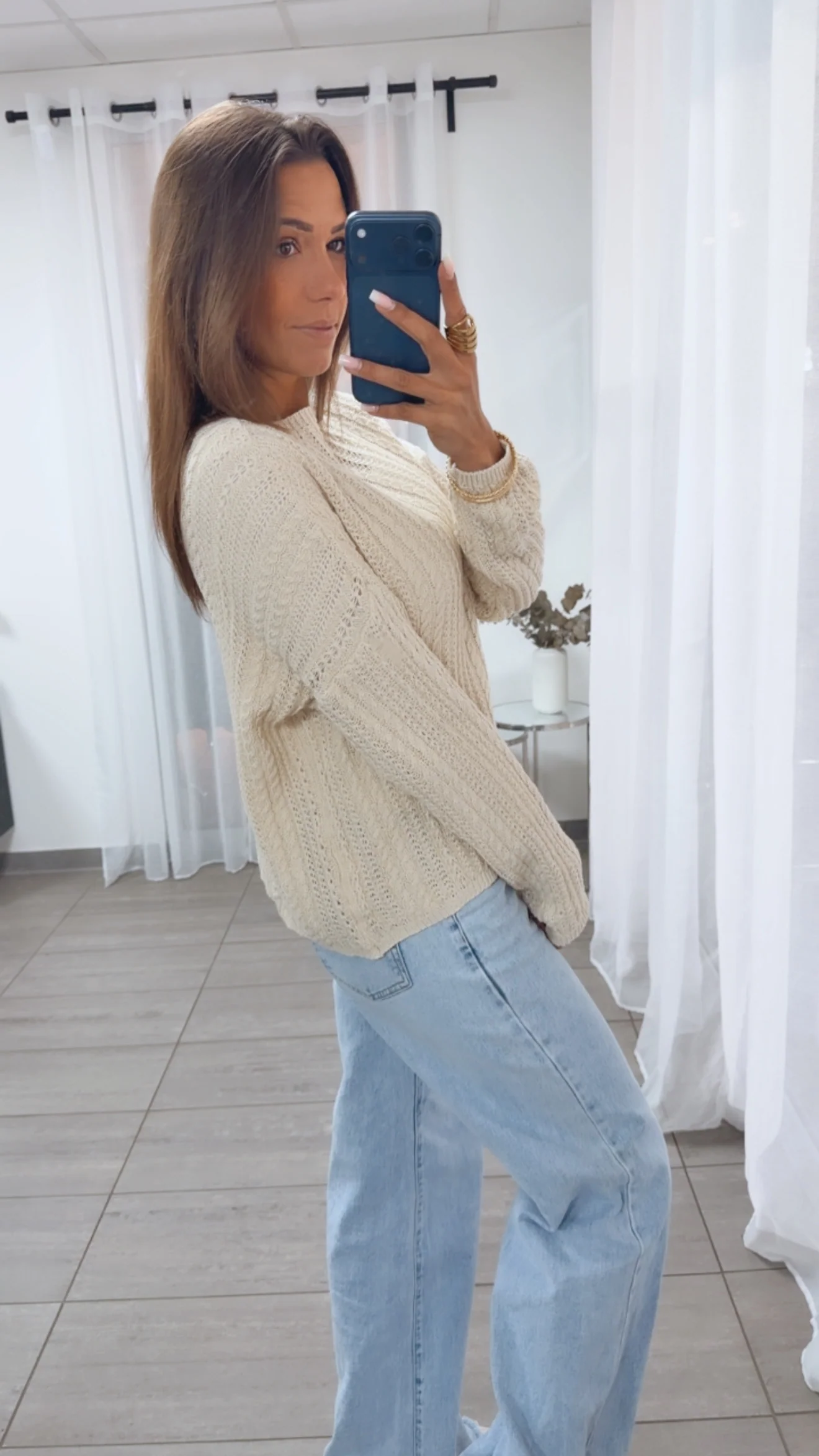 leichter Strick Pullover mit Zopfmuster / beige Art. 14941 - Image 3