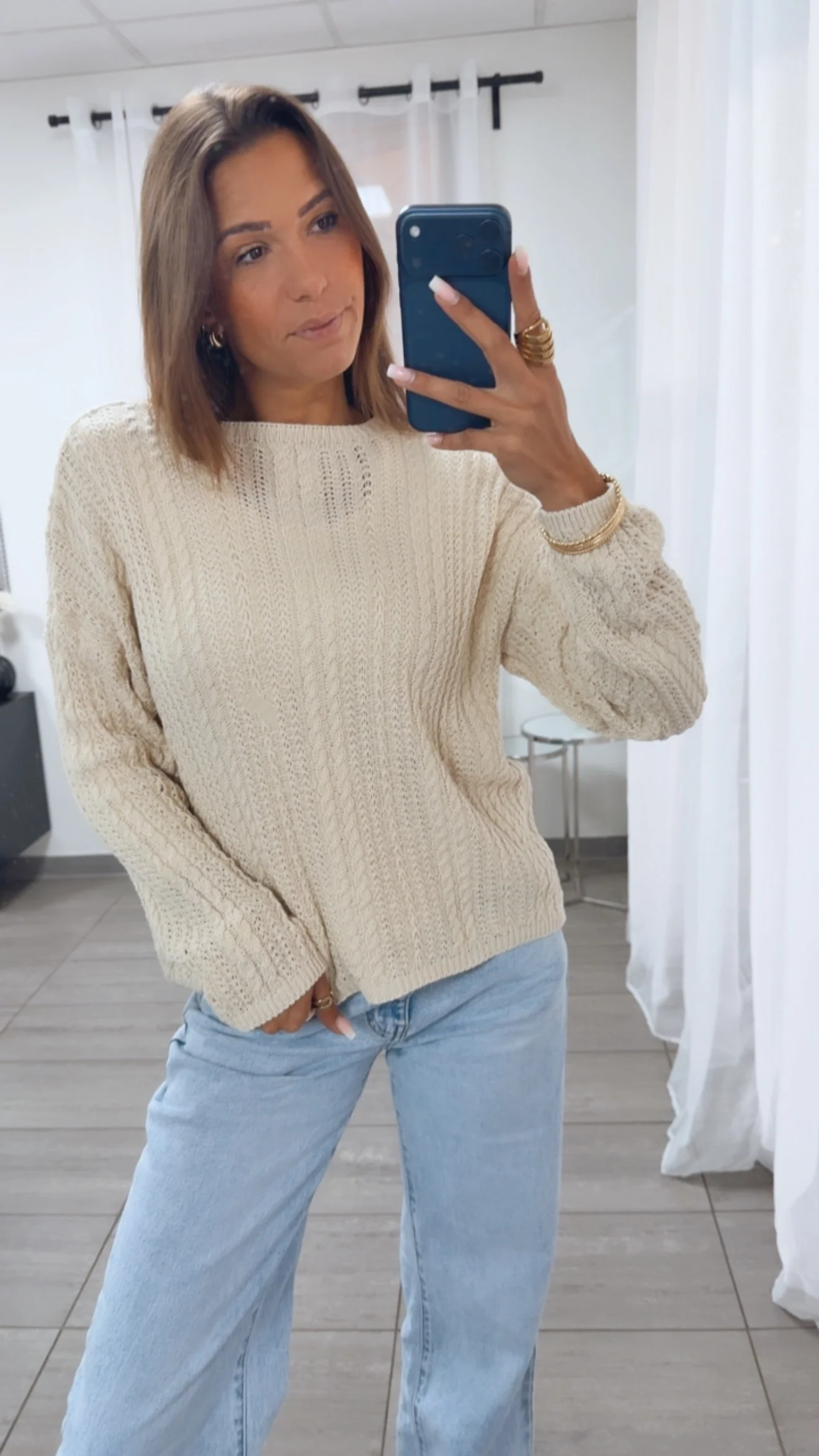 leichter Strick Pullover mit Zopfmuster / beige Art. 14941 - Image 4