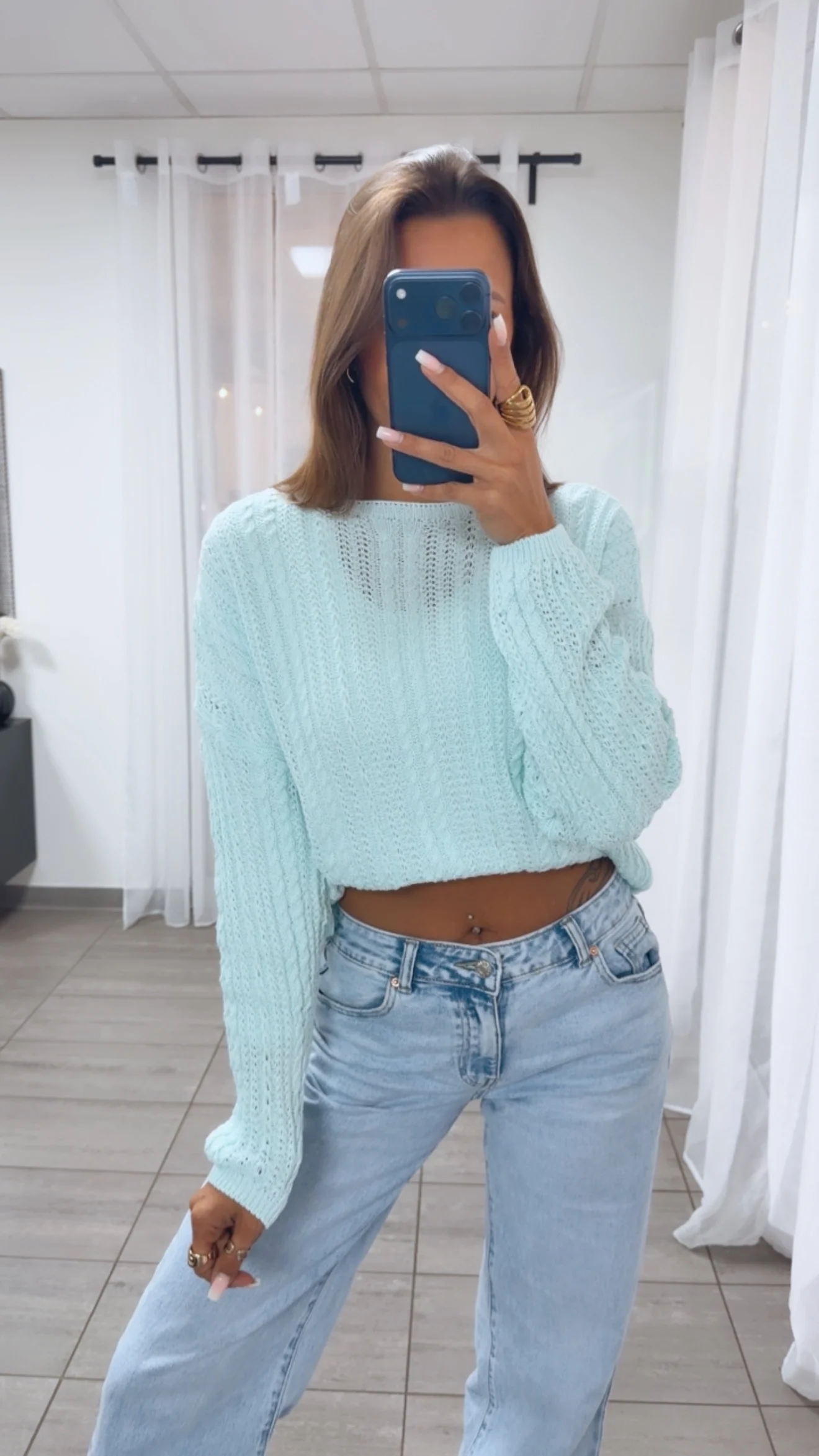 leichter Strick Pullover mit Zopfmuster / light aqua Art. 14943 - Image 2