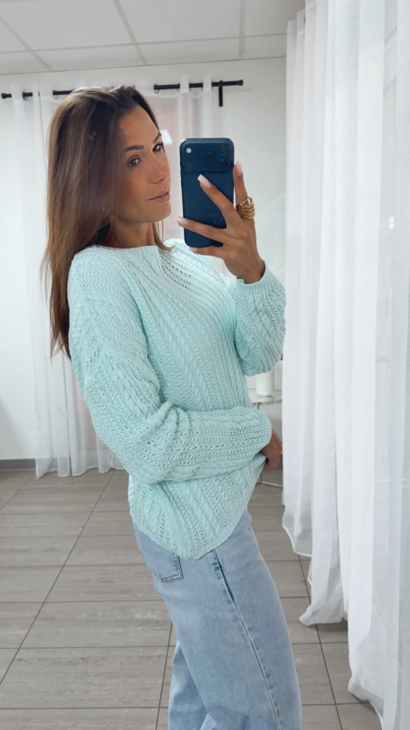 leichter Strick Pullover mit Zopfmuster / light aqua Art. 14943 - Image 3