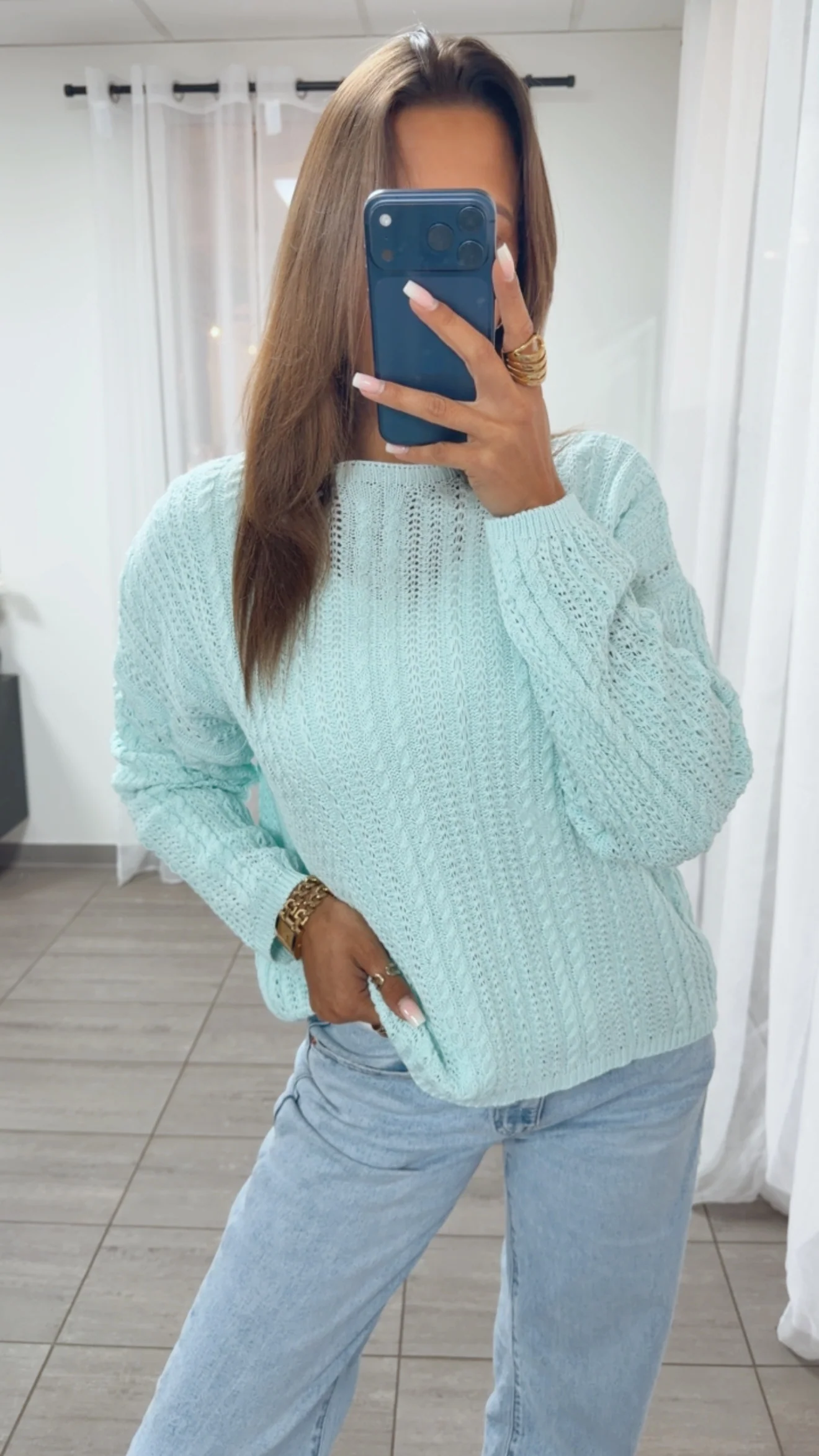 leichter Strick Pullover mit Zopfmuster / light aqua Art. 14943 - Image 5