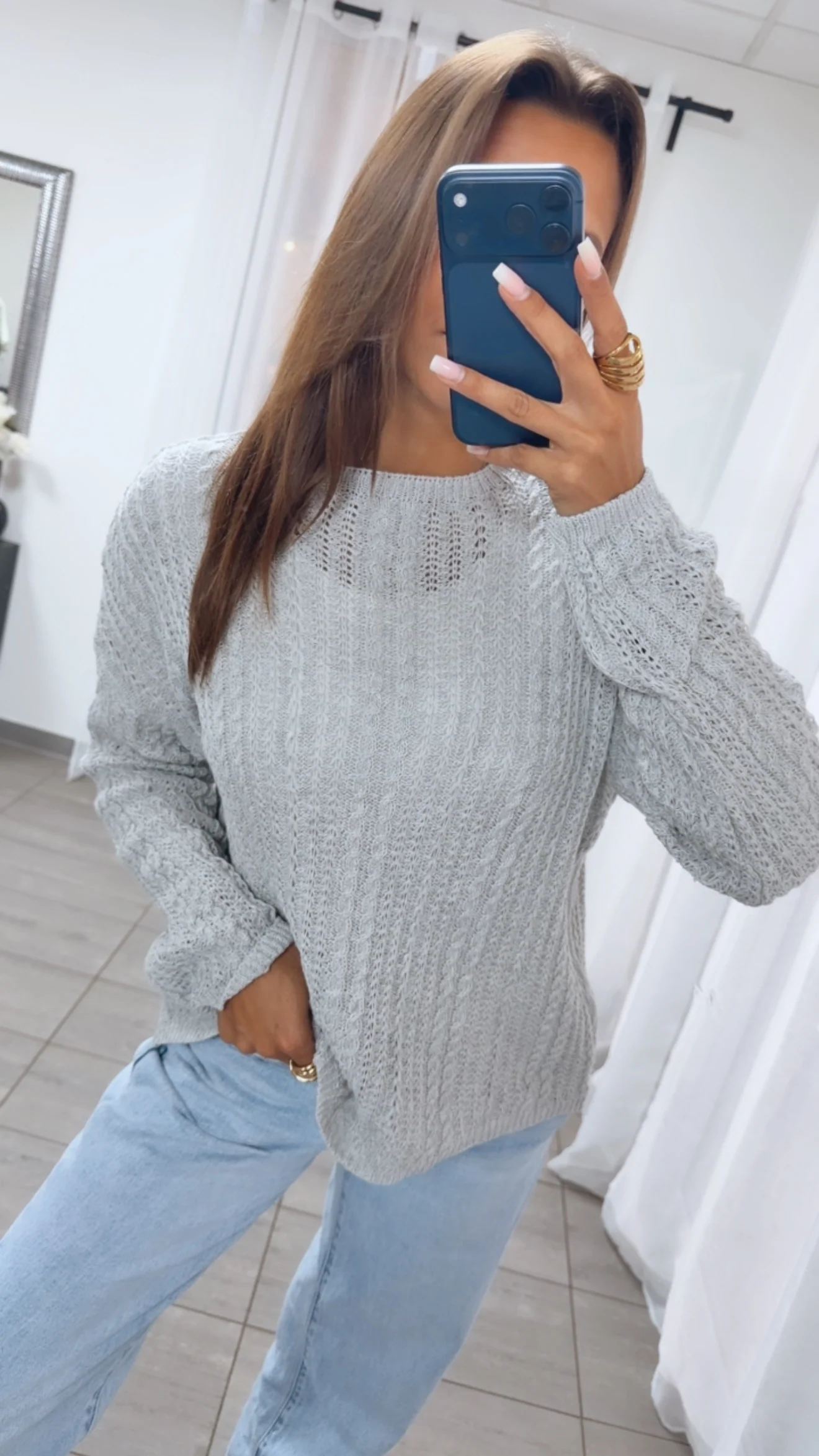 leichter Strick Pullover mit Zopfmuster / hell grau Art. 14944 - Image 3