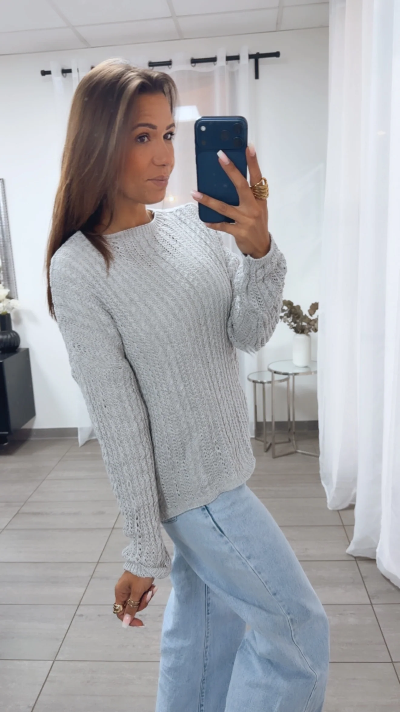 leichter Strick Pullover mit Zopfmuster / hell grau Art. 14944 - Image 4
