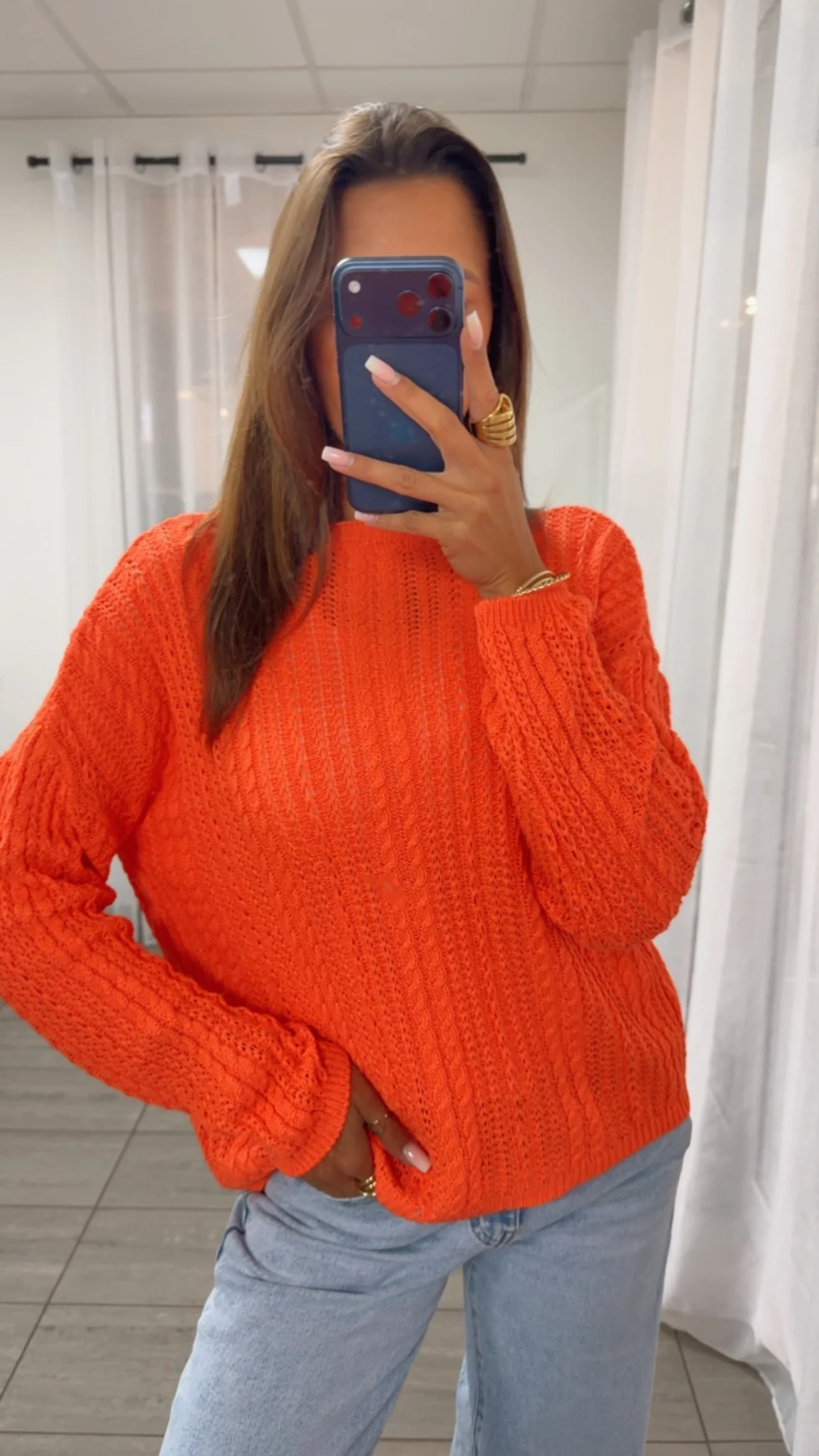 leichter Strick Pullover mit Zopfmuster / orange Art. 14940 - Image 2