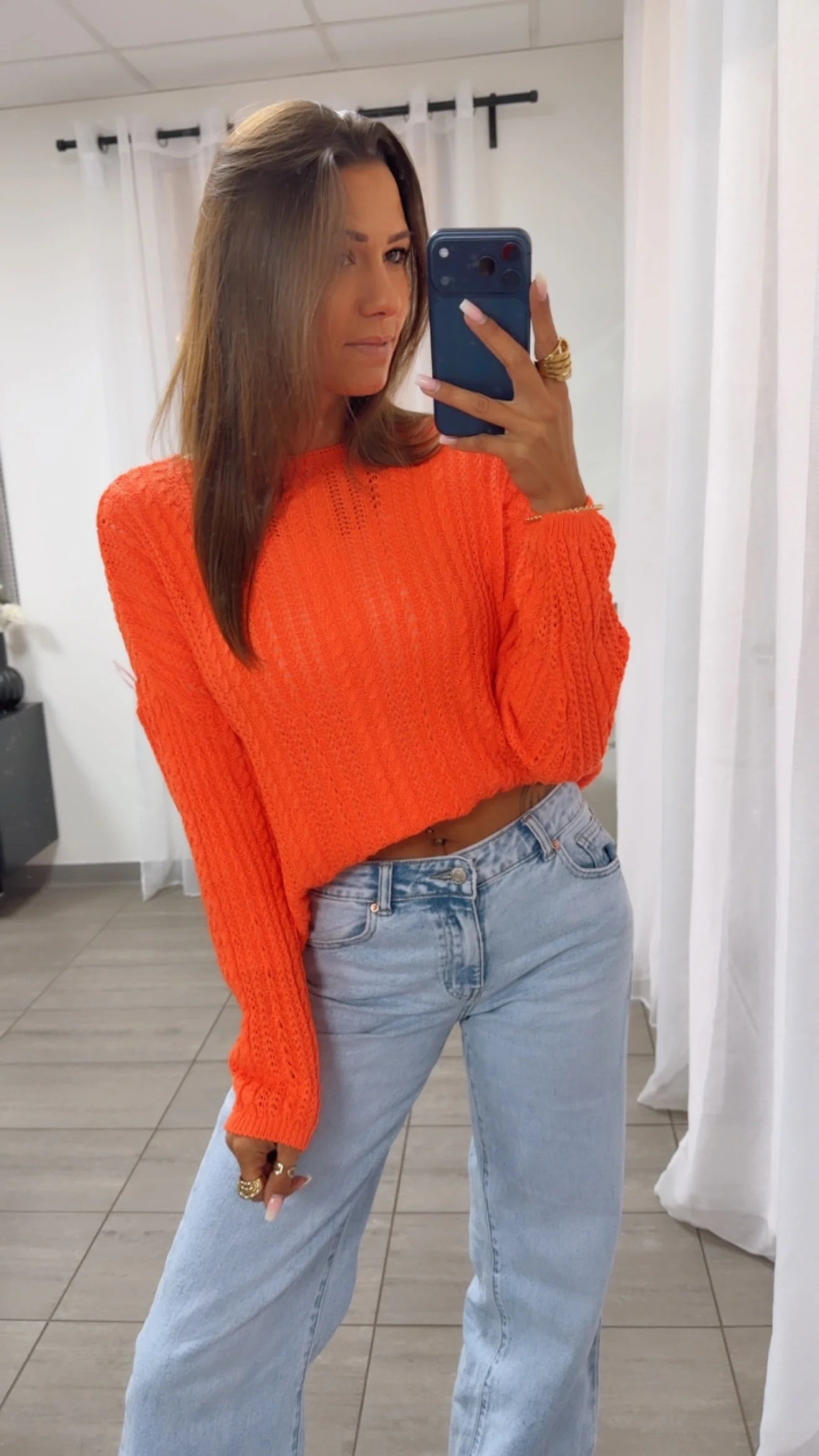 leichter Strick Pullover mit Zopfmuster / orange Art. 14940 - Image 3