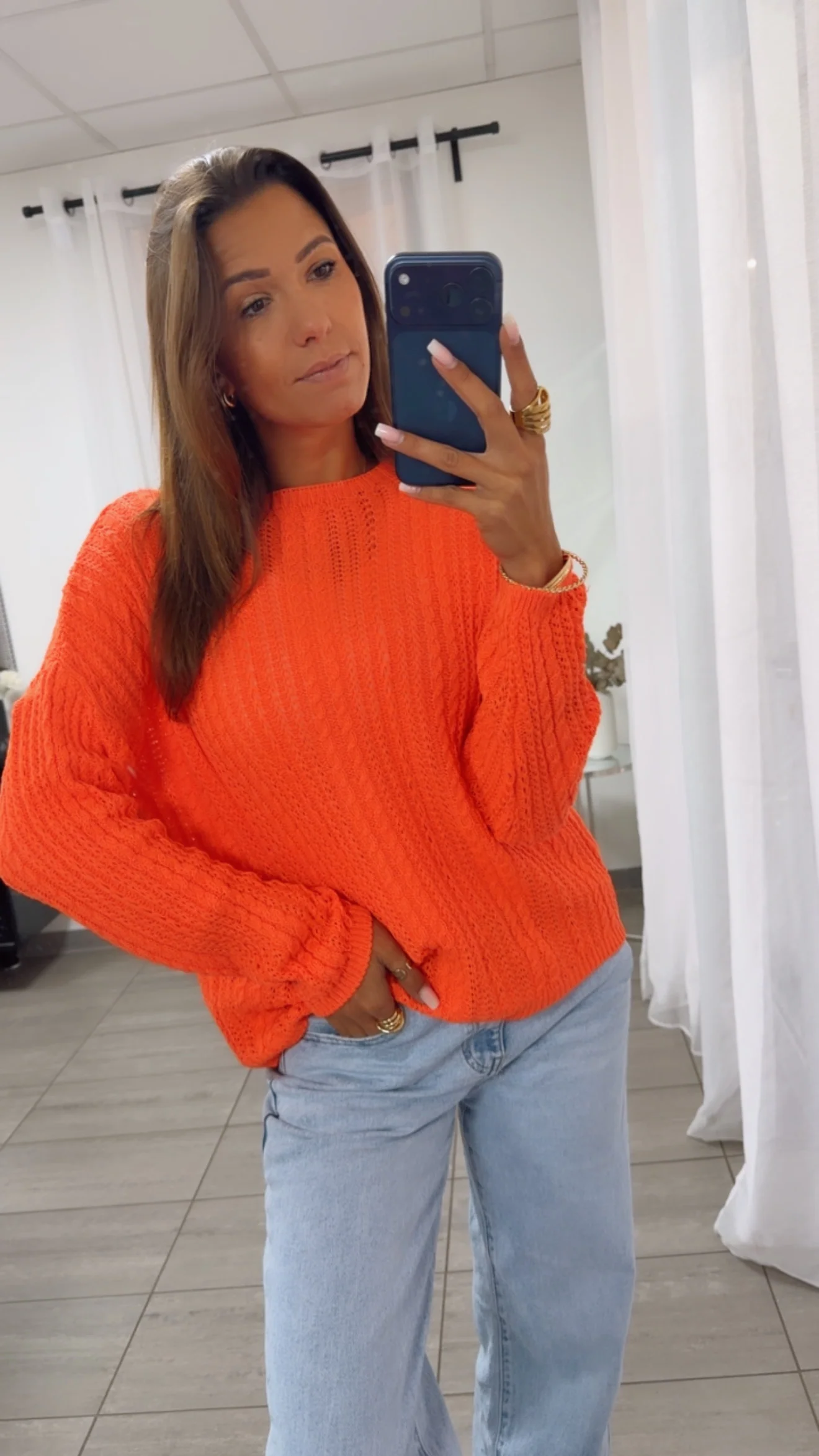 leichter Strick Pullover mit Zopfmuster / orange Art. 14940 - Image 4