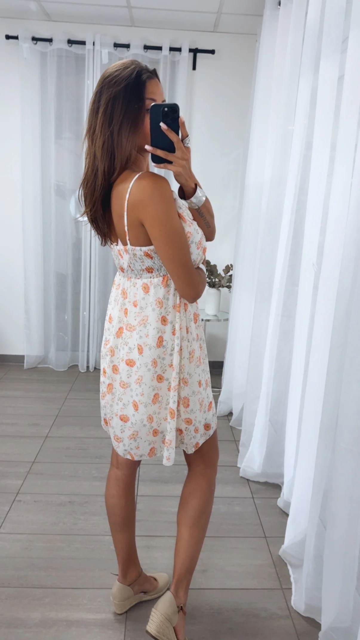 Florales Träger Kleid mit Volant Ausschnitt / creme- Orange Töne Art. 4420 - Image 3