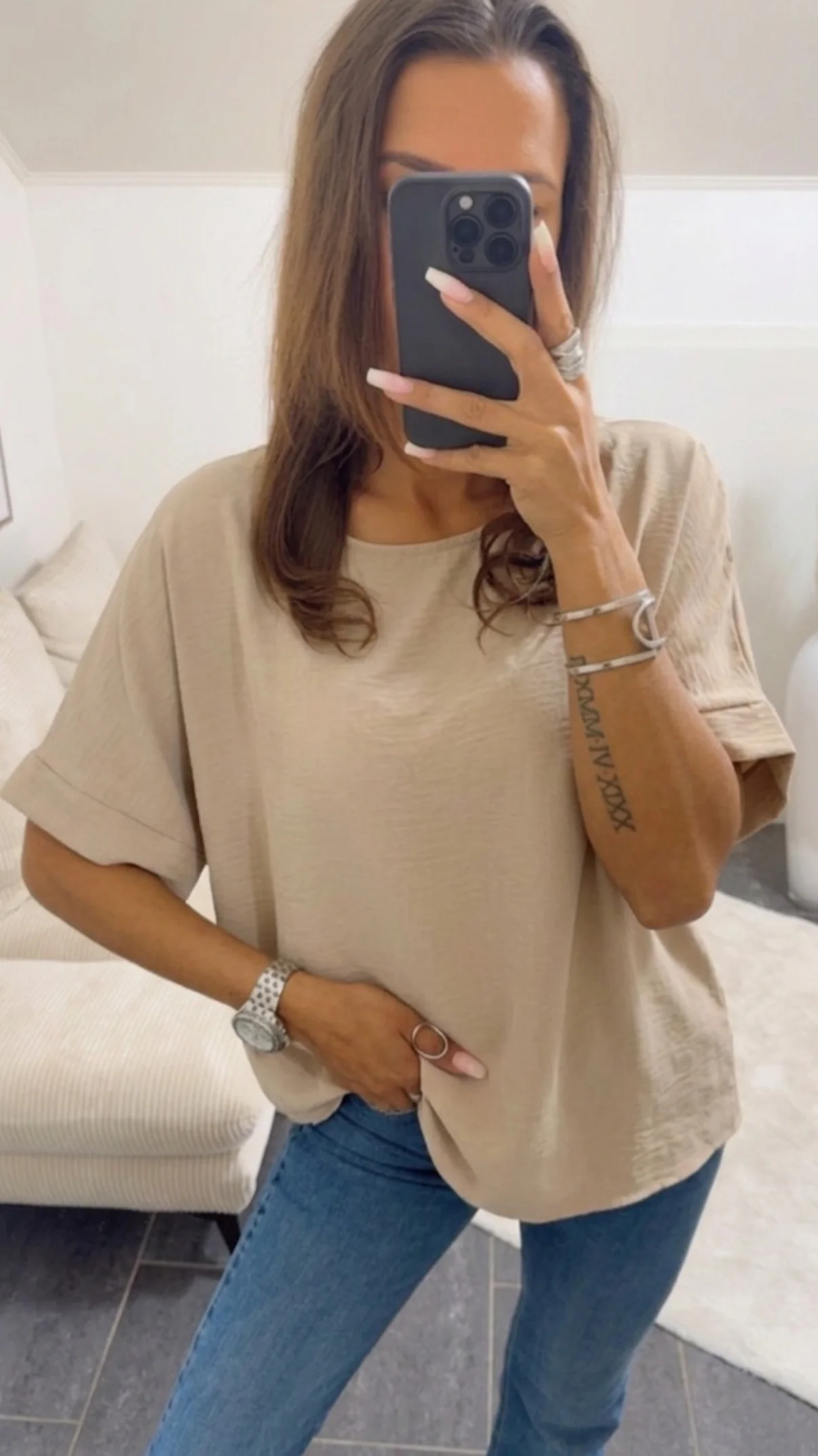 Locker geschnittene oversize Bluse / beige Art.14793