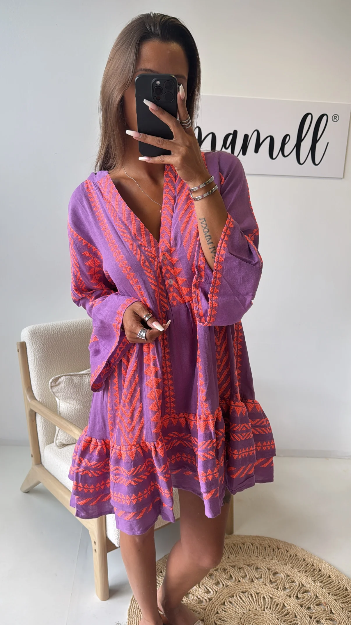 PREMIUM Tunika Kleid mit Muster / lila - neon pink Art. 9654