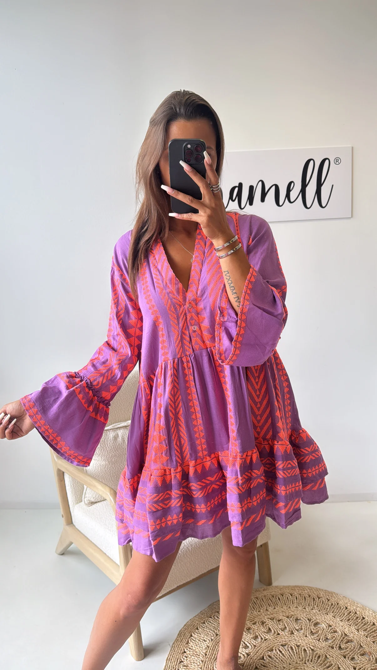 PREMIUM Tunika Kleid mit Muster / lila - neon pink Art. 9654 - Image 2