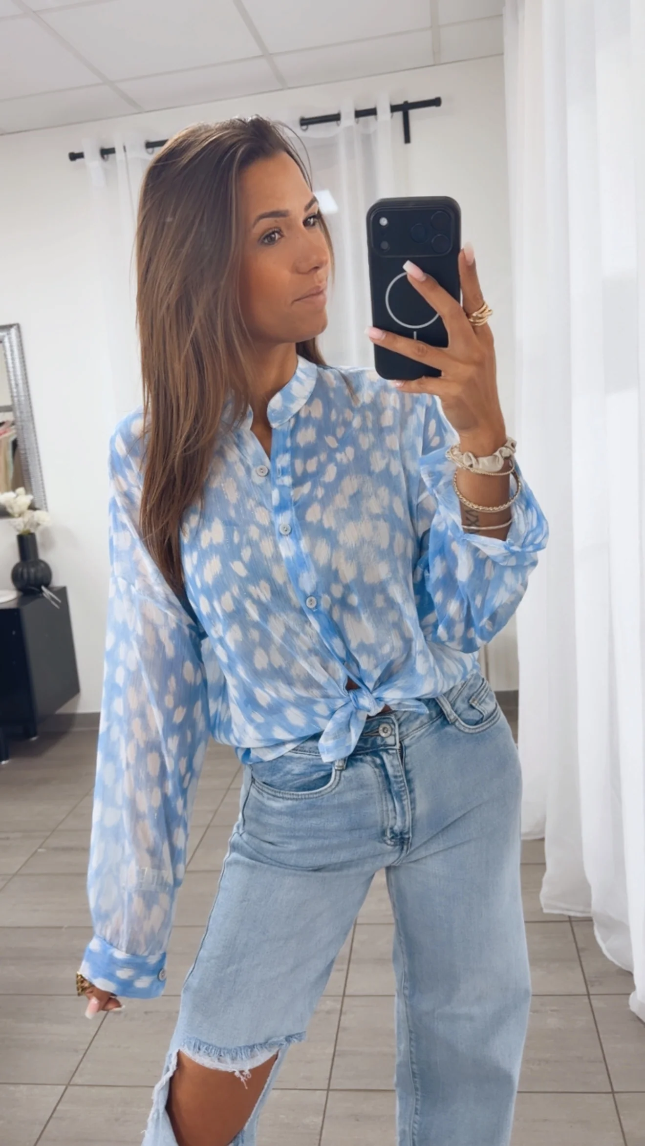 Sommer Bluse mit Goldenem Garn / blau - weiss Art. 14936