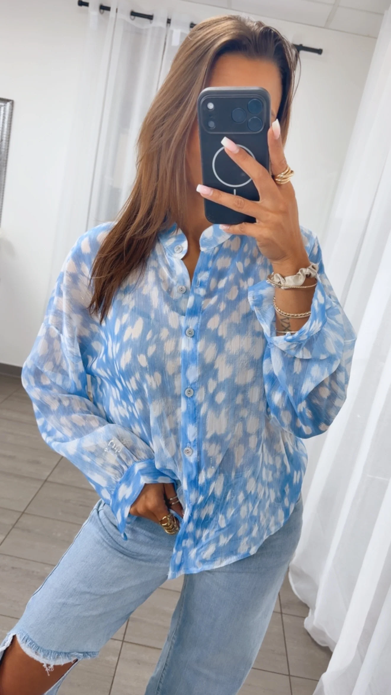 Sommer Bluse mit Goldenem Garn / blau - weiss Art. 14936 - Image 2