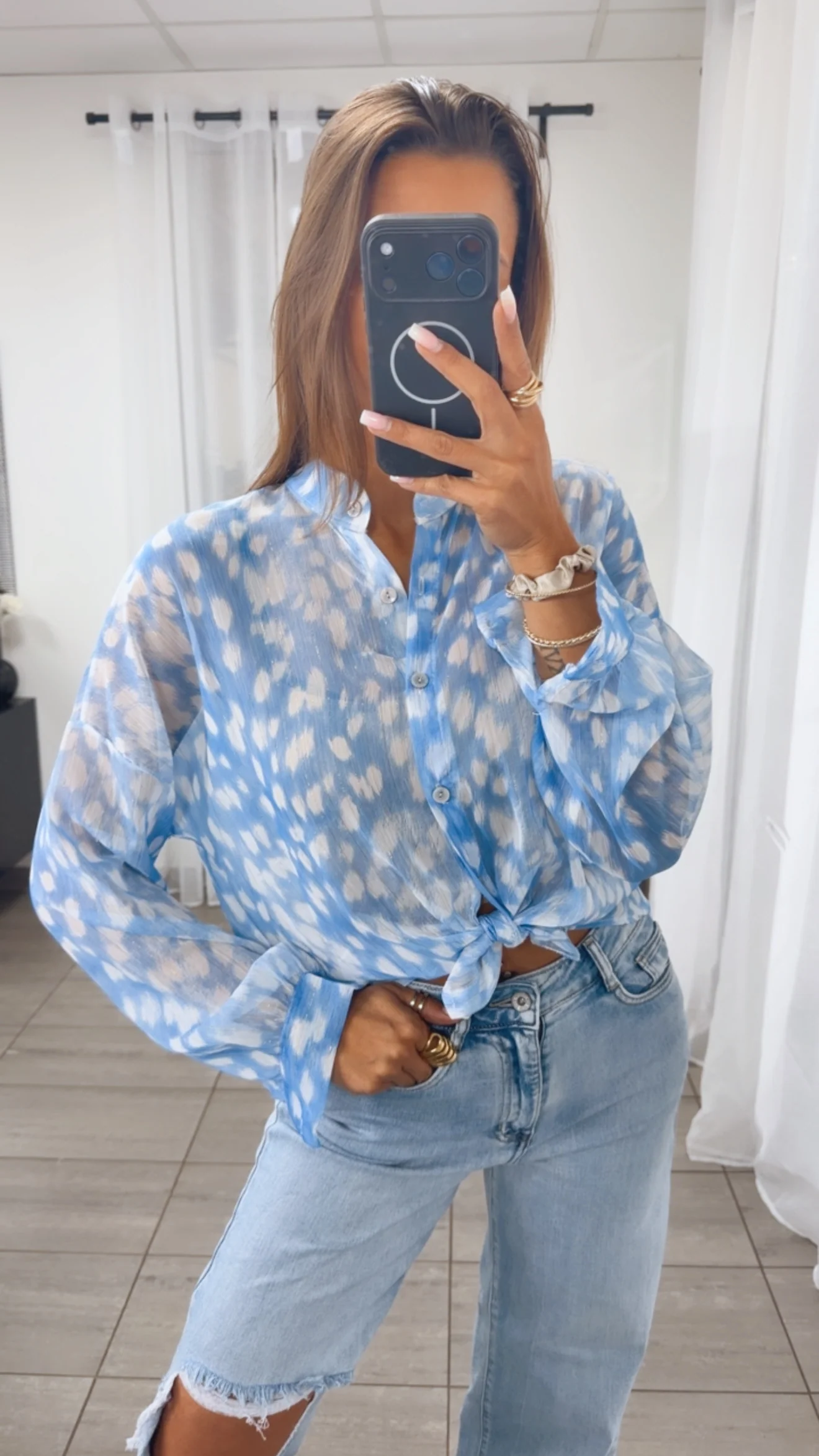 Sommer Bluse mit Goldenem Garn / blau - weiss Art. 14936 - Image 3