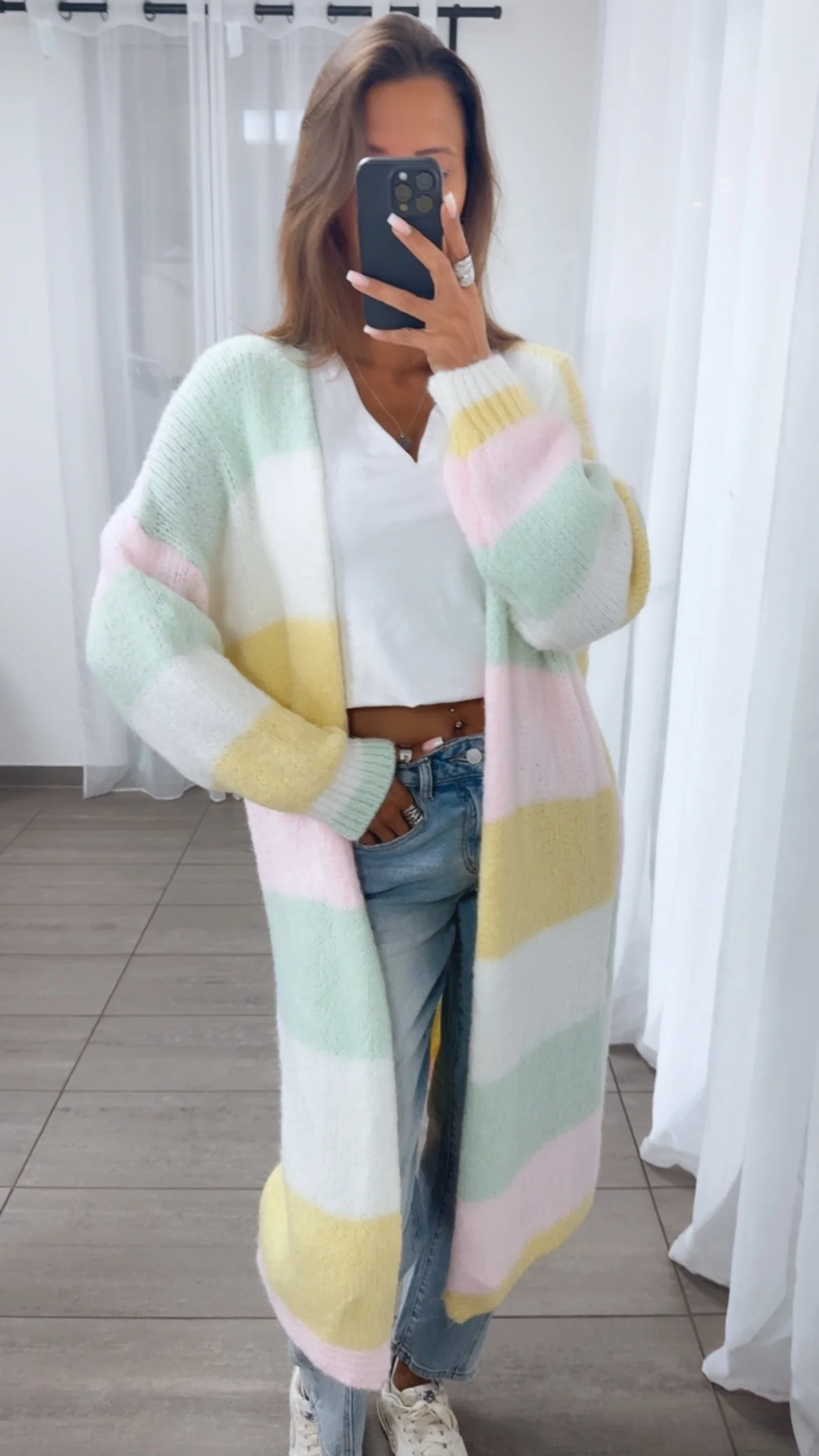 Streifen Cardigan lang mit Taschen / mint- weiß - gelb - rosa  Art. 14141