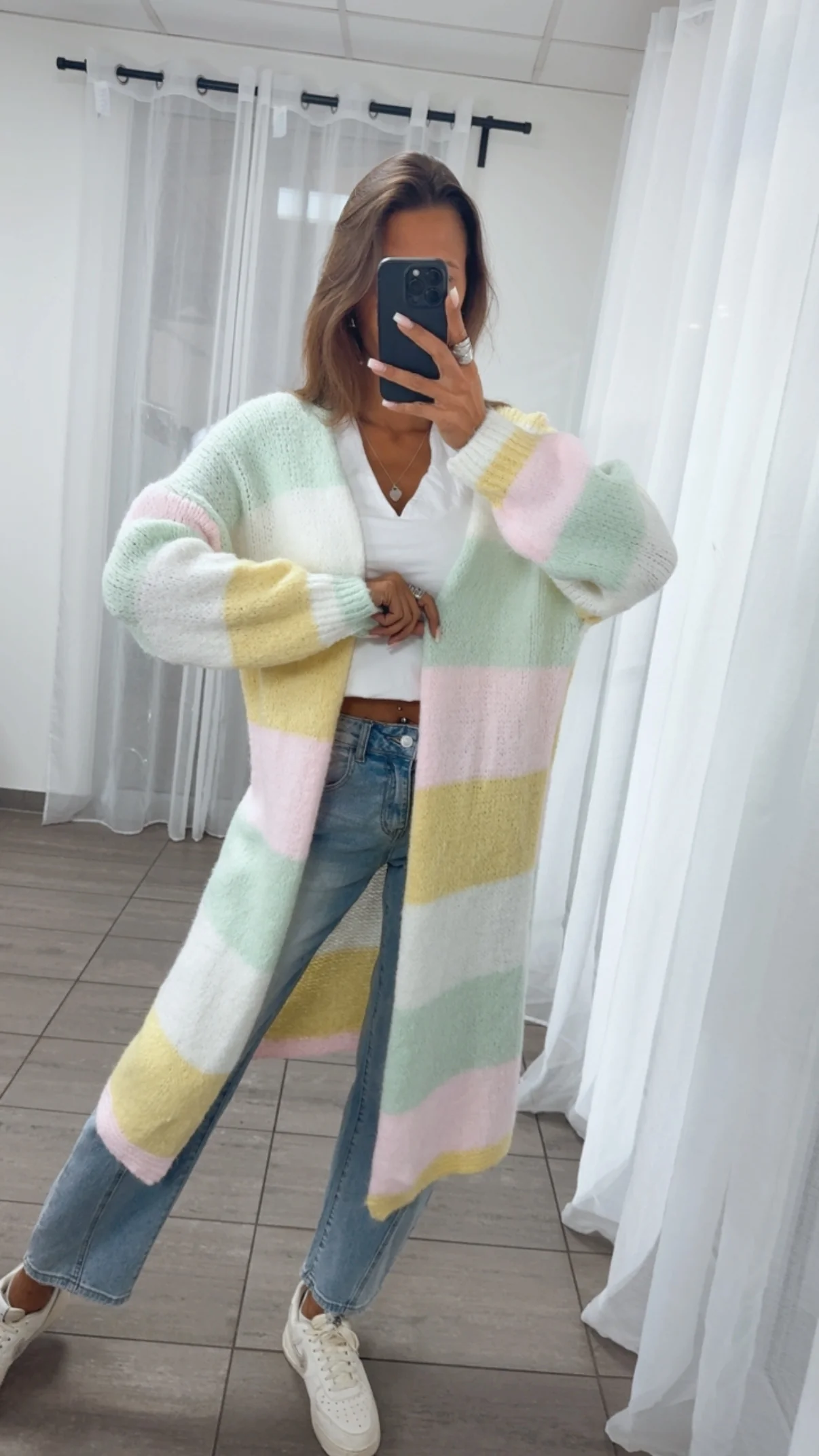 Streifen Cardigan lang mit Taschen / mint- weiß - gelb - rosa  Art. 14141 - Image 2