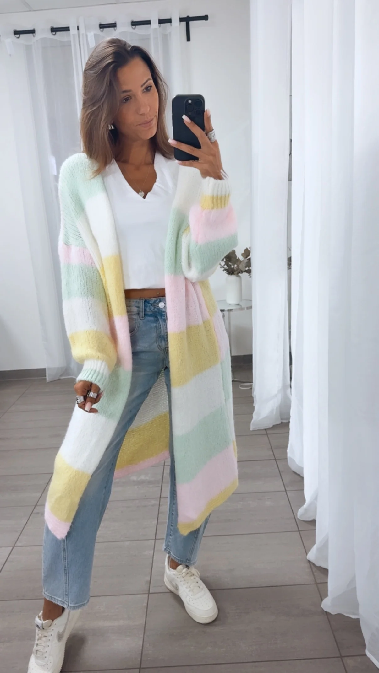 Streifen Cardigan lang mit Taschen / mint- weiß - gelb - rosa  Art. 14141 - Image 3