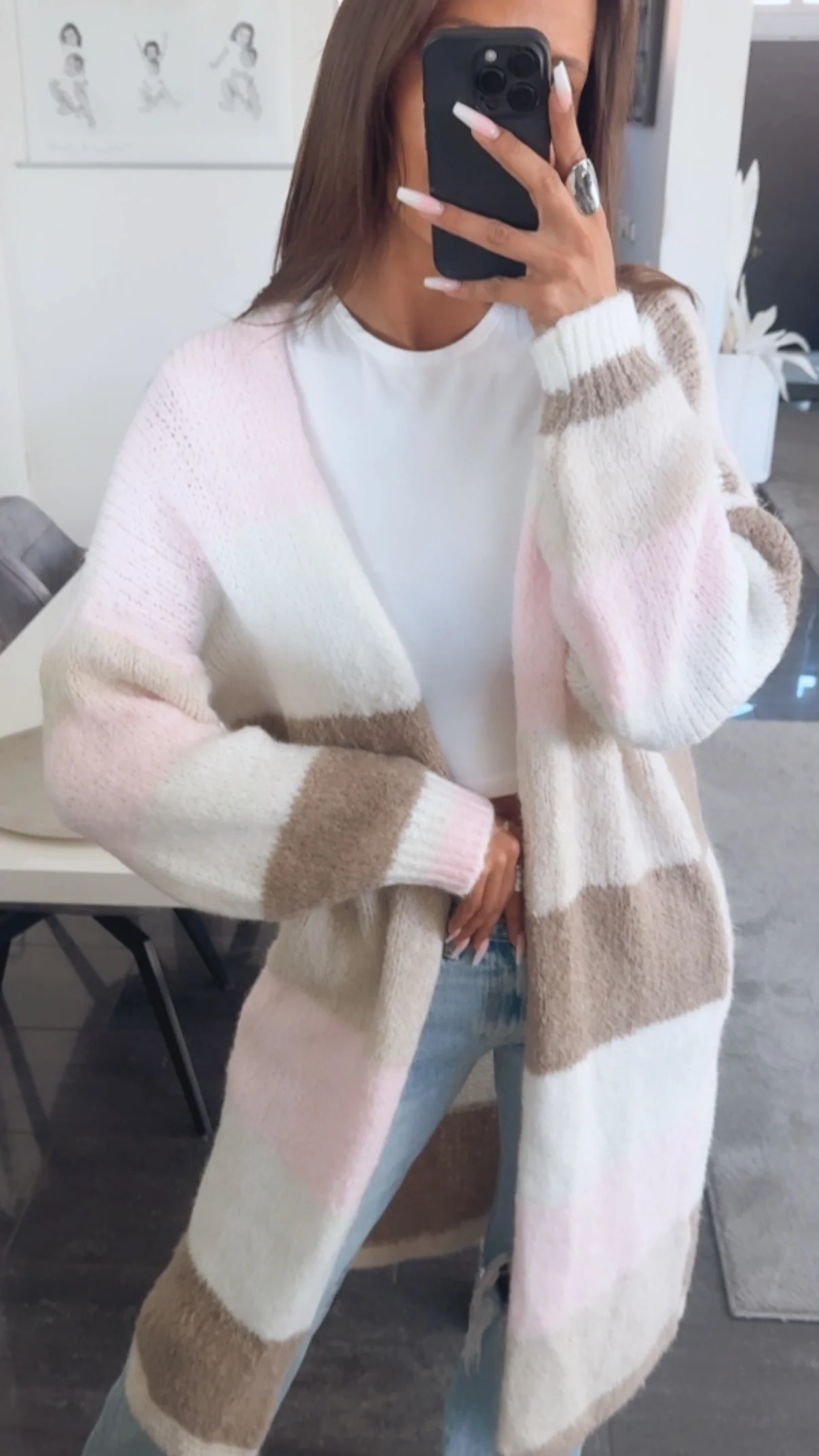 STREIFEN langer offener Cardigan / woll weiß - rosa - creme - taupe Art. 14490