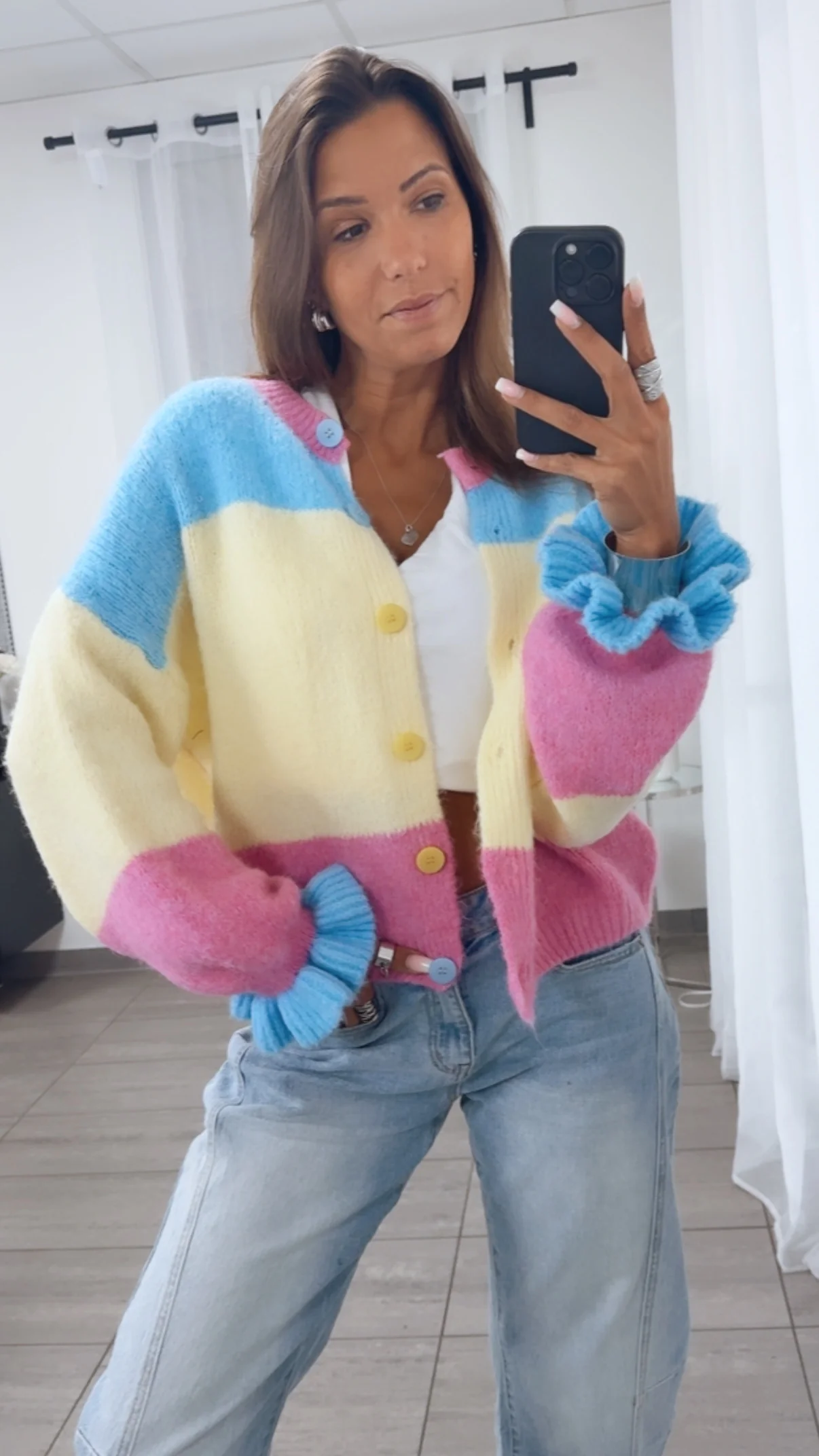 VOLANT ÄRMEL Cardigan, gestreift / pink - blau - gelb Art. 14154