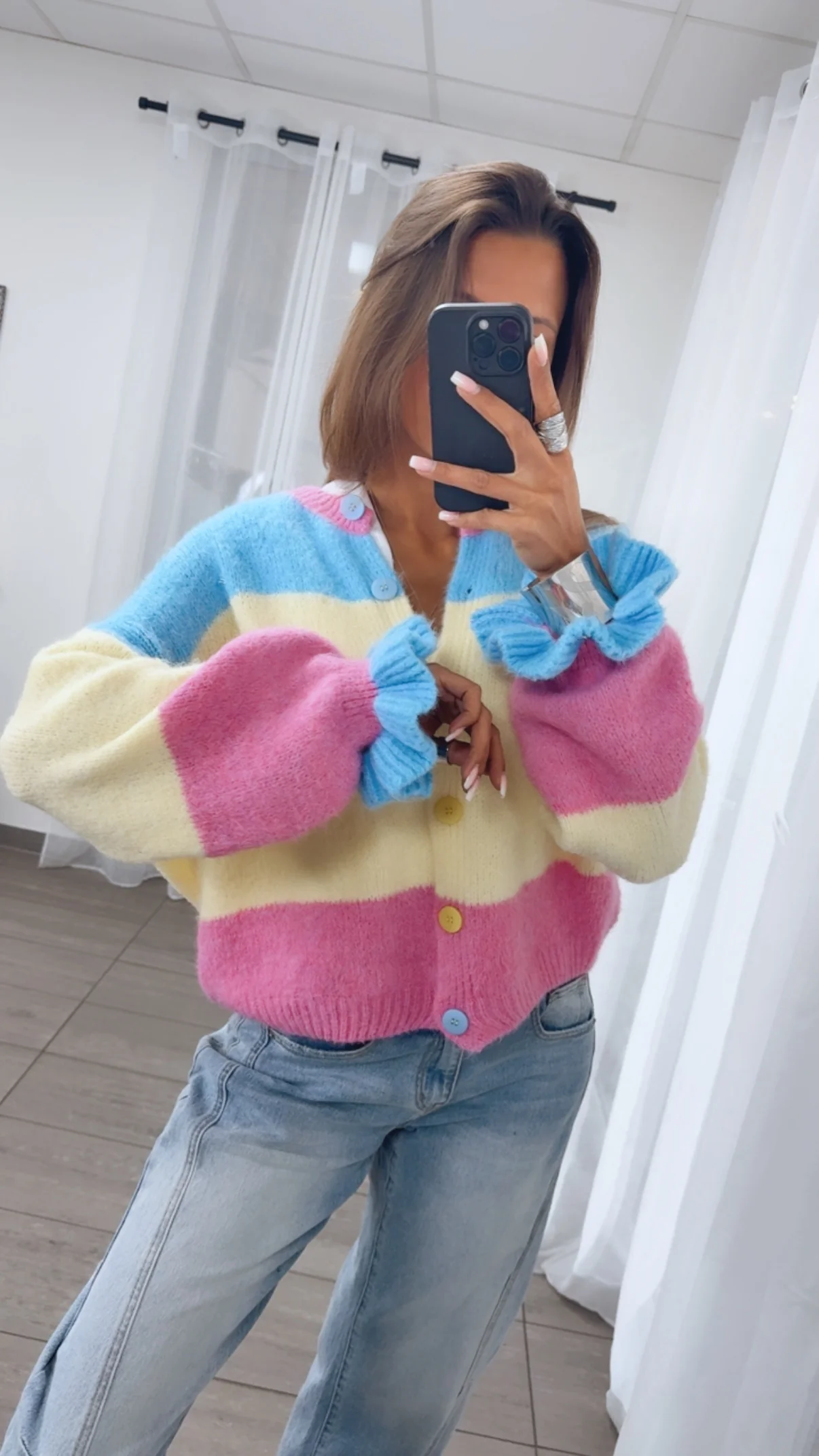 VOLANT ÄRMEL Cardigan, gestreift / pink - blau - gelb Art. 14154 - Image 2