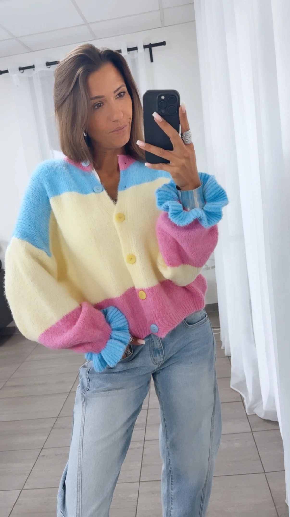VOLANT ÄRMEL Cardigan, gestreift / pink - blau - gelb Art. 14154 - Image 3
